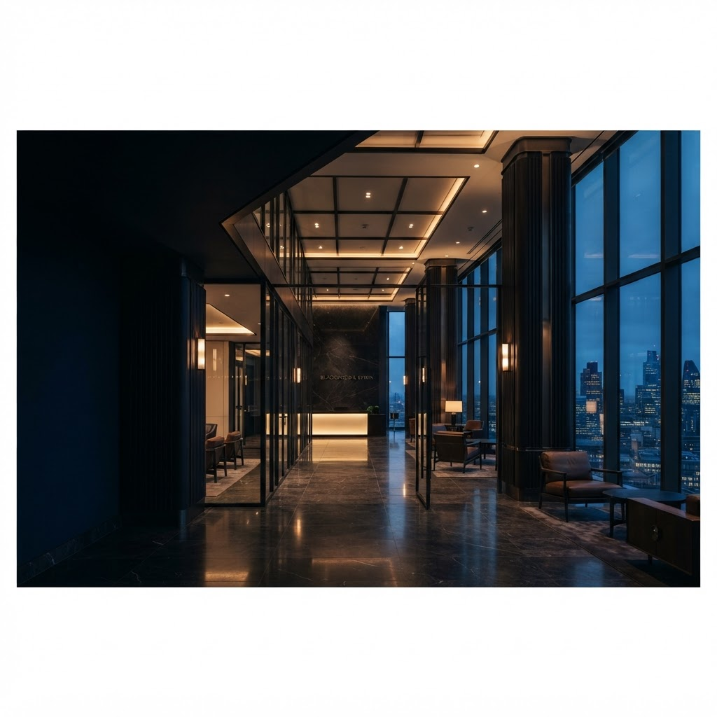 Modern law firm interior at dusk with warm light and tall columns