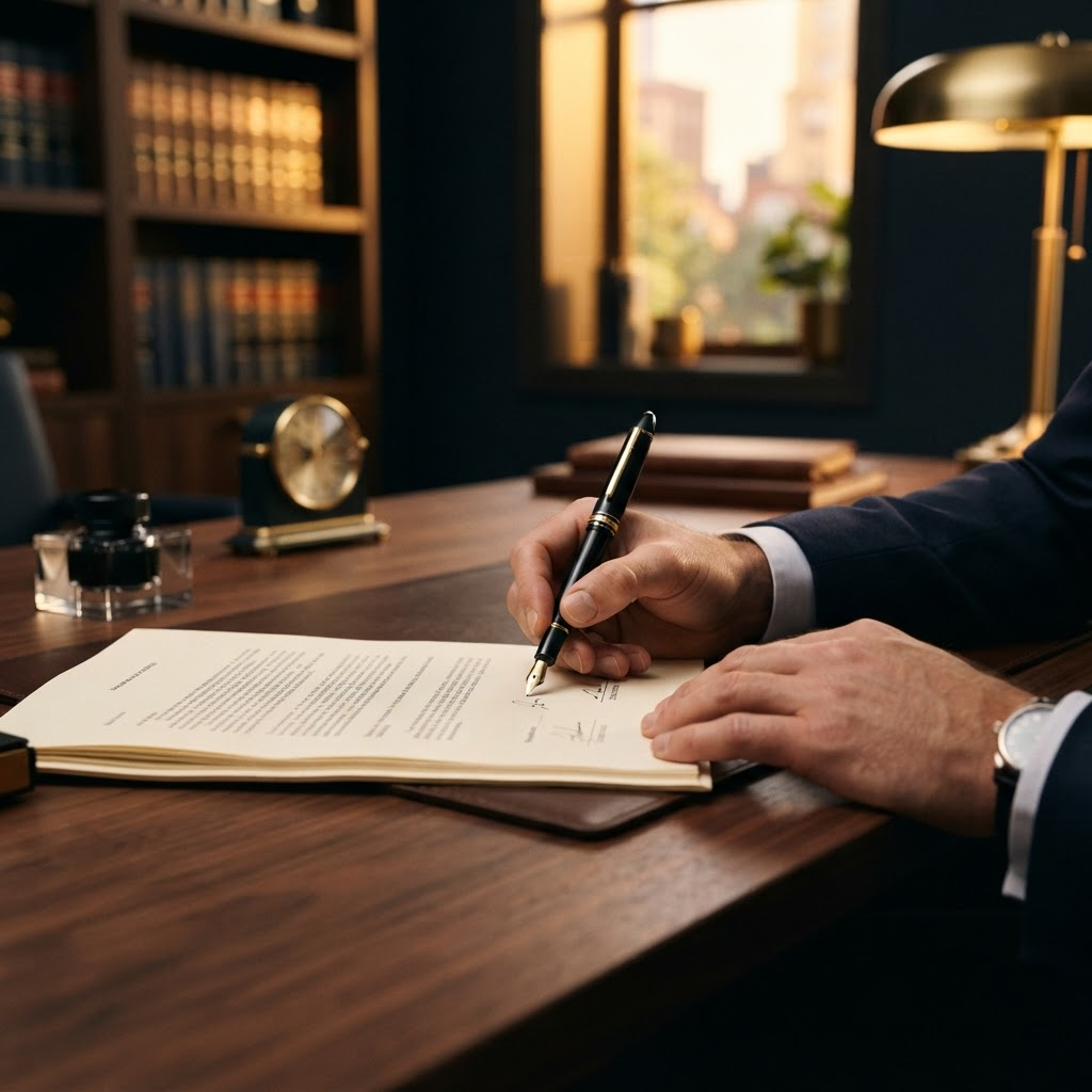 Lawyer signing documents with a fountain pen